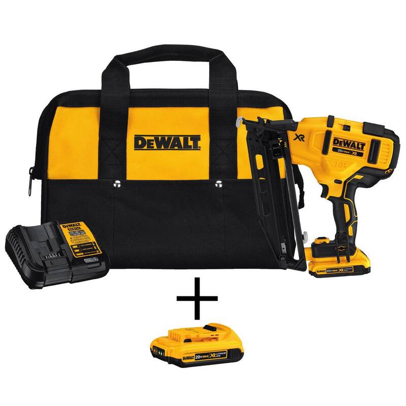 DEWALT 20V MAX XR Lithium-Ion 16-Gauge Cordless Angled Finish Nailer Kit con (2) Paquetes de baterías de 2.0Ah, Cargador y Bolsa - DCN660D1wDCB203