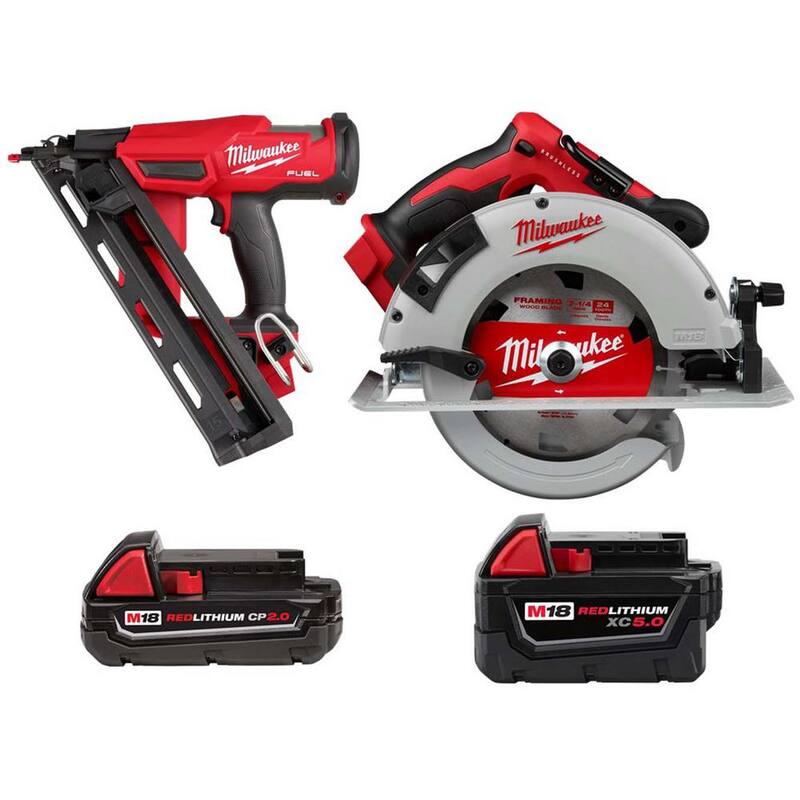 Clavadora de acabado sin escobillas de calibre 15 Milwaukee M18, sierra circular inalámbrica de 7-1/4 pulgadas, batería M18 2,0 Ah, batería de XC M18 5,0 Ah - 2839-20-48-11-1820-2631-20-48-11-1850