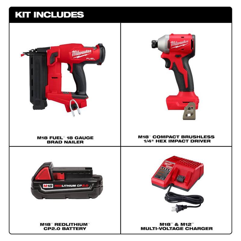 Milwaukee M18 FUEL 18-Volt Lithium-Ion Brushless Cordless Gen II 18-Gauge Brad Nailer con Kit de Impact Driver 1/4" Hex Brushless M18 - 2746-20-3650-21P
