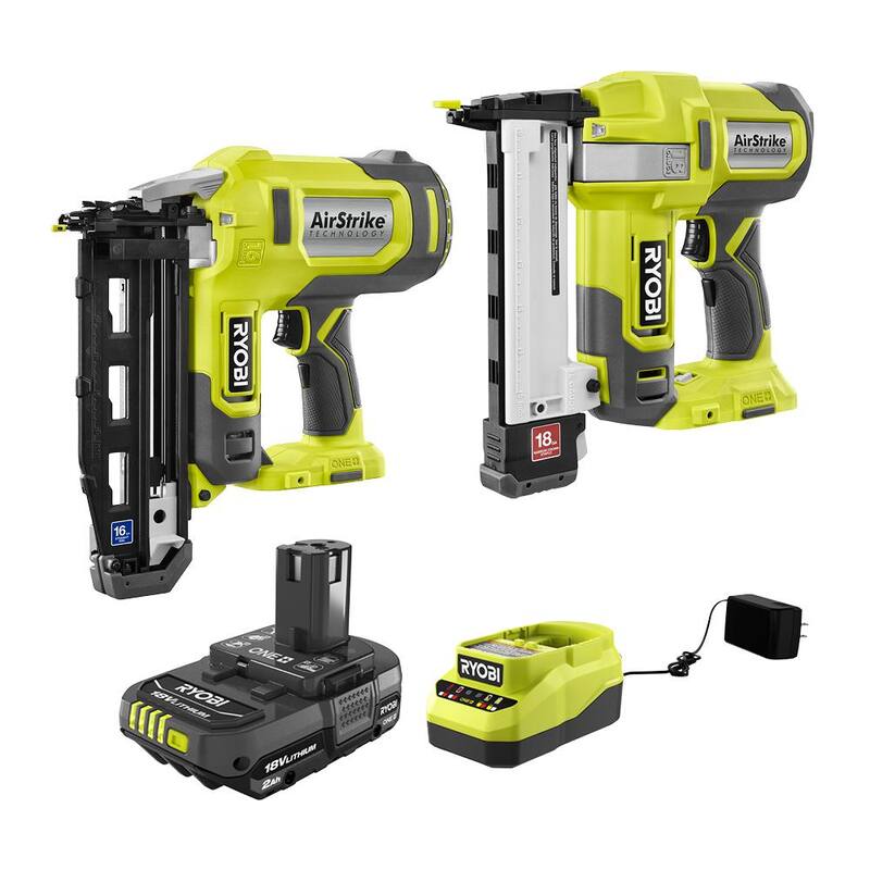 RYOBI ONE+ 18V AirStrike Clavadora Recta Inalámbrica de Calibre 16 con Grapadora de Corona Estrecha de Calibre 18, Batería de 2.0 Ah y Cargador - P326-P361-PSK005