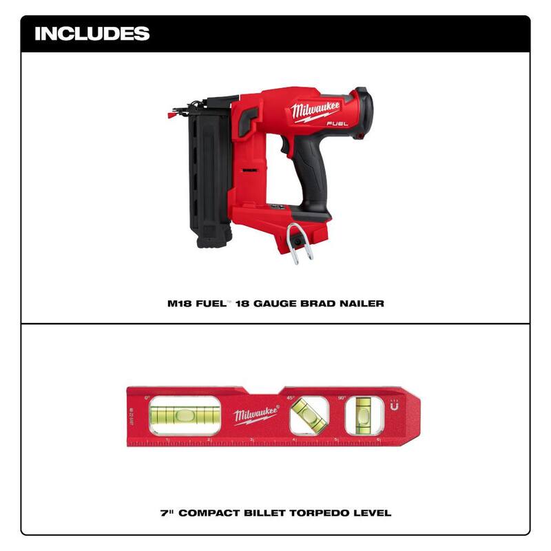 Martillo de clavos de calibre 18 sin escobillas Milwaukee M18 FUEL de 18 voltios con batería de iones de litio Gen II (Herramienta solamente) con Nivel de torpedo de 7 pulgadas de aluminio - 2746-20-48-22-5107
