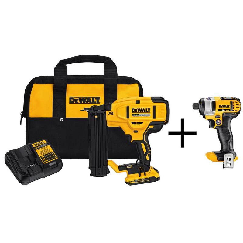 Kit de clavadora inalámbrica DEWALT 20V MAX XR de litio de 18 calibres, 1/4 de pulgada de impacto, (1) batería de 2.0 Ah y cargador - DCN680D1 con DCF885B.