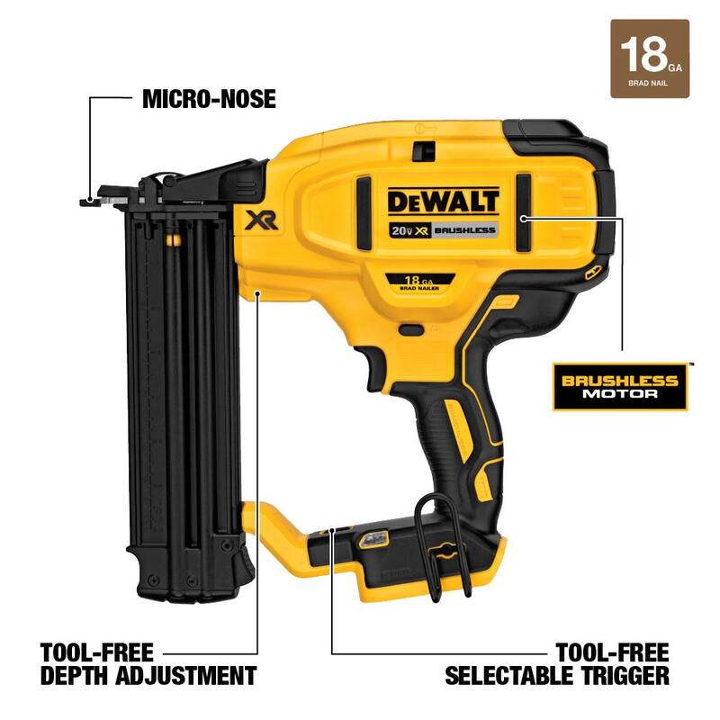 Kit de clavadora inalámbrica DEWALT 20V MAX XR de litio de 18 calibres, 1/4 de pulgada de impacto, (1) batería de 2.0 Ah y cargador - DCN680D1 con DCF885B.