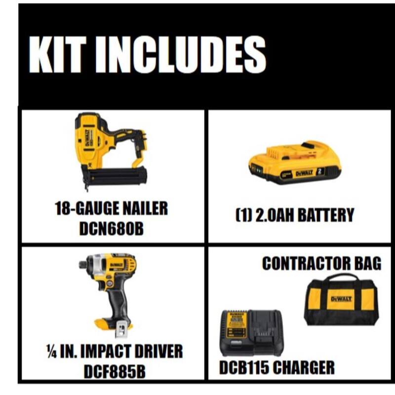 Kit de clavadora inalámbrica DEWALT 20V MAX XR de litio de 18 calibres, 1/4 de pulgada de impacto, (1) batería de 2.0 Ah y cargador - DCN680D1 con DCF885B.