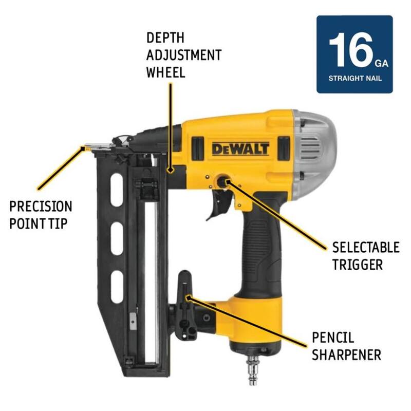 DEWALT Clavadora neumática de calibre 16 de 2-1/2 pulg. y clavos rectos de 2 pulg. x calibre 16 (2500 por caja) - DWFP71917W16200