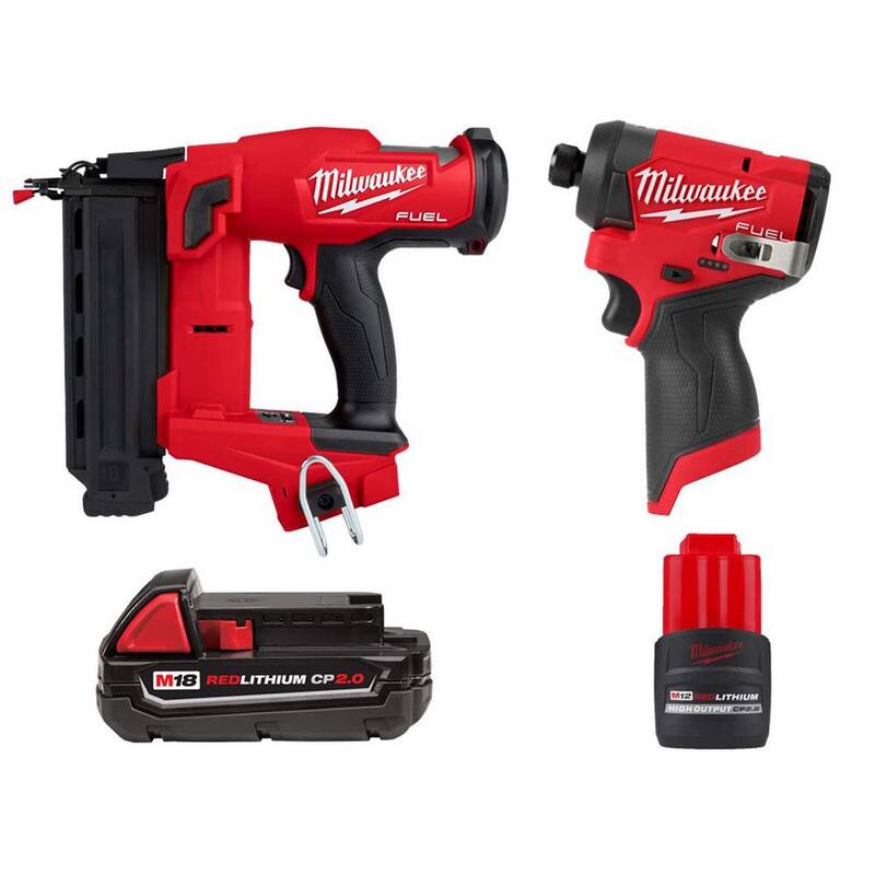 Milwaukee M18 FUEL Clavadora de acabado de calibre 18, Destornillador de impacto hexagonal inalámbrico sin escobillas M12 de 1/4 de pulgada, Batería M18 de 2.0 Ah, Batería M12 de 2.5 Ah - 2746-20-48-11-1820-3453-20-48-11-2425
