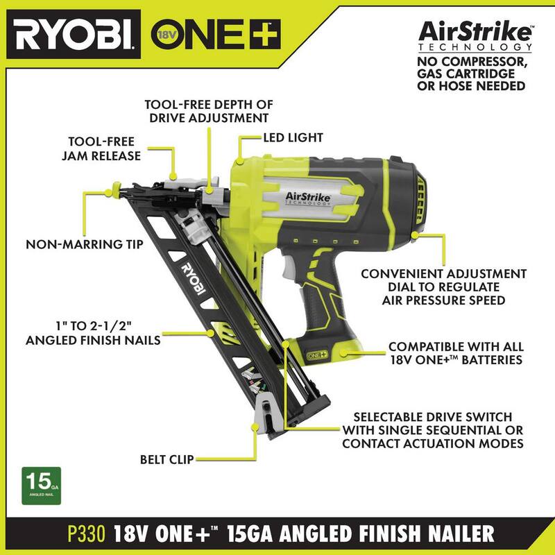 RYOBI ONE+ 18V Clavadora de acabado angulado sin cable AirStrike de calibre 15 con herramienta múltiple inalámbrica (Solo herramientas) - P330-PCL430B
