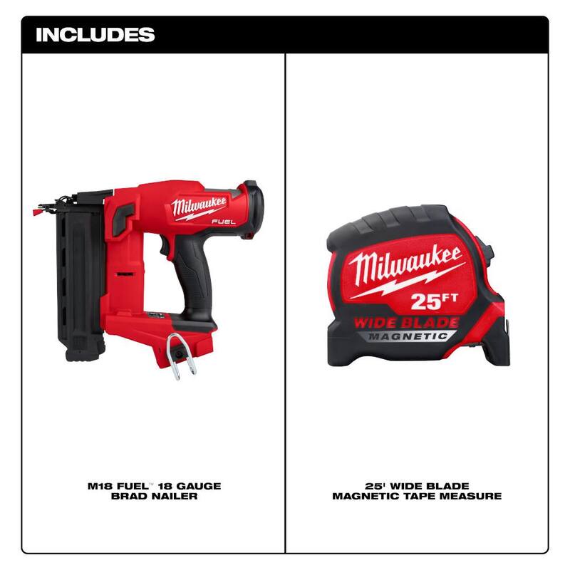 Milwaukee M18 FUEL 18-Volt Lithium-Ion Brushless Cordless Gen II Clavadora de puntillas de calibre 18 con cinta métrica magnética de cuchilla ancha de 25 ft. - 2746-20-48-22-0225M