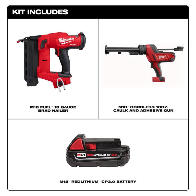 Milwaukee M18 FUEL 18-Volt Lithium-Ion Brushless Cordless Gen II 18-Gauge Brad Nailer con pistola de calafatear M18 y batería M18 CP2.0 - 2746-20-2641-20-48-11-1820