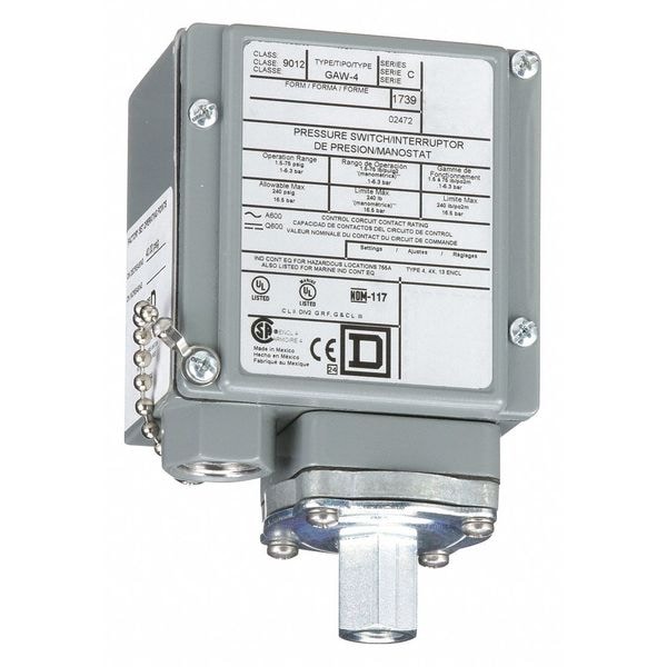 Interruptor de presión de Telemecanique Sensors, (1) puerto, 1/4-18 pulgadas de hembra roscada de conexión nacional de tubería (FNPT), SPDT, 1.5 a 75 psi, acción estándar - 9012GAW4