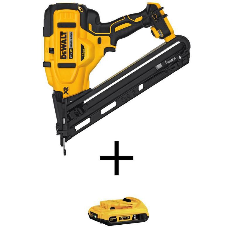 Clavadora de acabado angular inalámbrica de 15 ga con batería de iones de litio DEWALT 20V MAX XR y paquete de batería de iones de litio compacto de 2.0 Ah DEWALT 20V MAX - DCN650BWDCB203