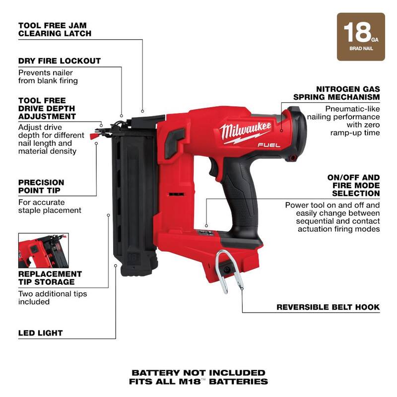 Milwaukee M18 FUEL Clavadora de clavos de calibre 18 sin escobillas inalámbrica de 18 voltios de iones de litio Gen II con láser de puntos verdes en cruz y plomada W/M12 - 2746-20-3622-20