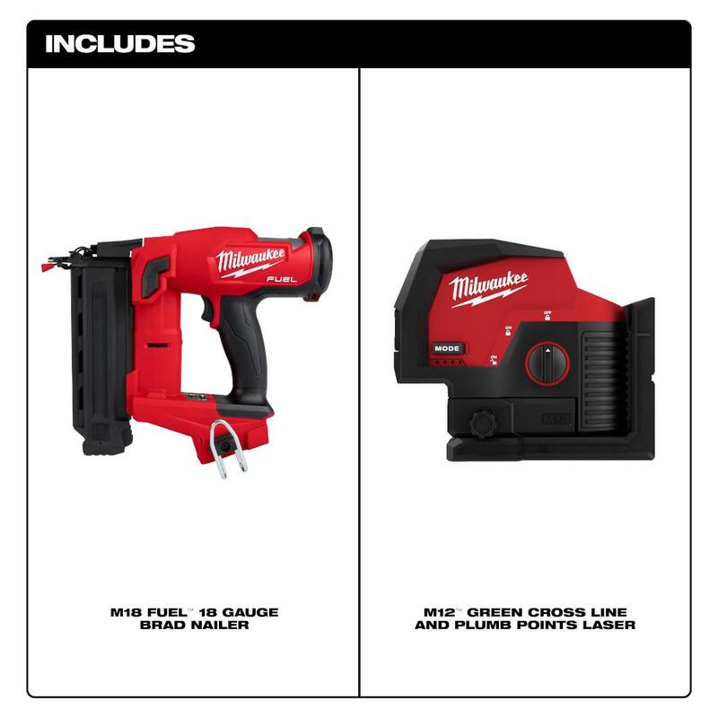 Milwaukee M18 FUEL Clavadora de clavos de calibre 18 sin escobillas inalámbrica de 18 voltios de iones de litio Gen II con láser de puntos verdes en cruz y plomada W/M12 - 2746-20-3622-20