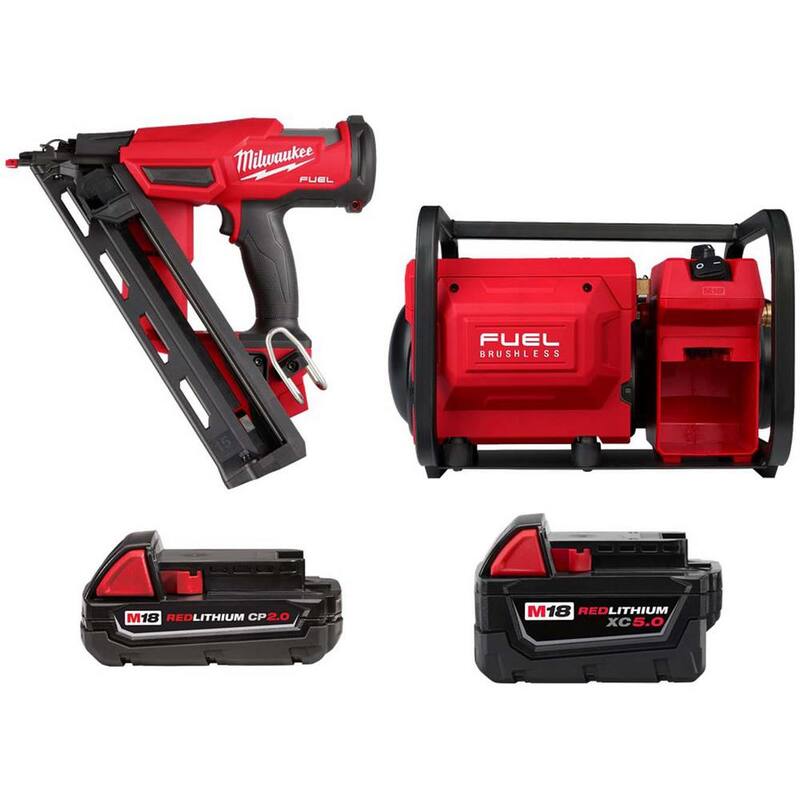 Clavadora inalámbrica de acabado sin escobillas de 15 gauges de Milwaukee M18, compresor M18 FUEL de 2 galones, batería M18 de 2.0 Ah, batería M18 de 5.0 Ah XC - 2839-20-48-11-1820-2840-20-48-11-1850.