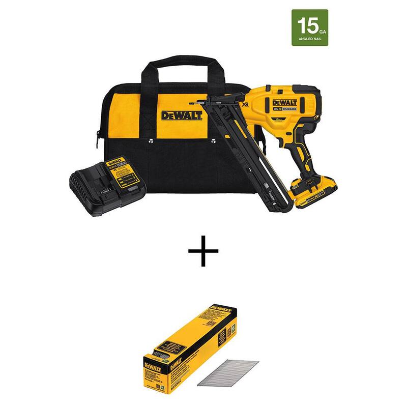 DEWALT 20V MAX XR Clavadora inalámbrica de acabado de calibre 15 con 2-1/2 pulg. x clavos angulados galvanizados de calibre 15 (2500 piezas) - DCN650D1W250G-2