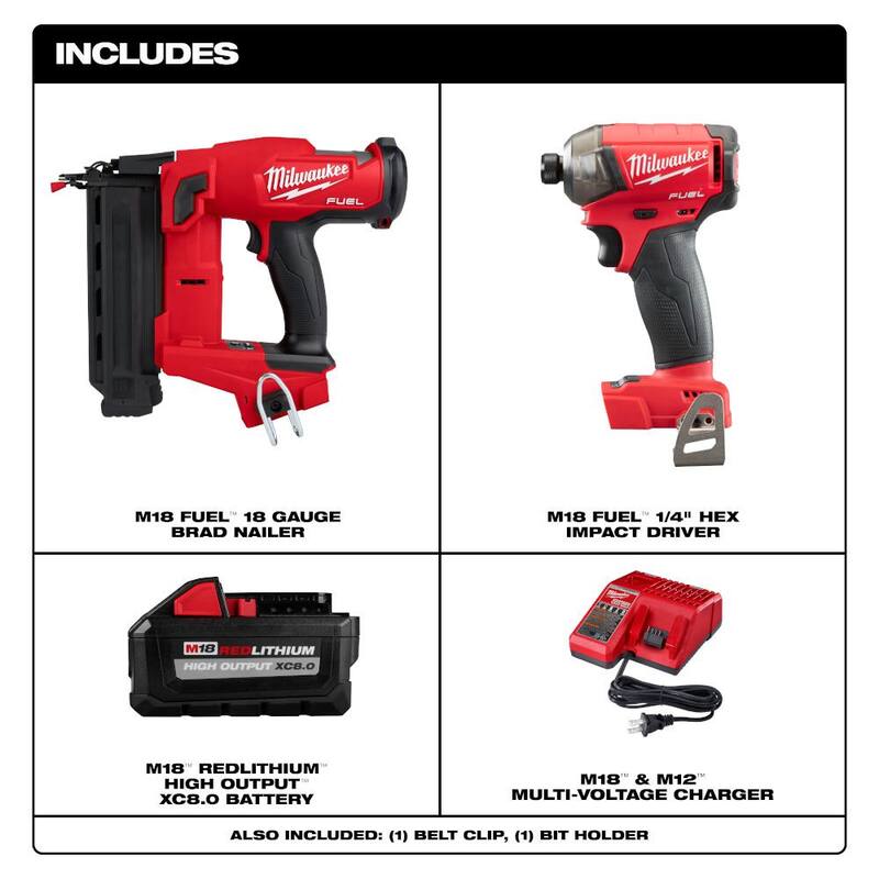 Clavadora de brads inalámbrica sin escobillas Milwaukee M18 FUEL de 18 voltios de litio-ion de 18 calibres Gen II con kit de batería M18 SURGE de 1/4 de pulgada y 8.0 Ah - 2746-20-2760-20-48-59-1880