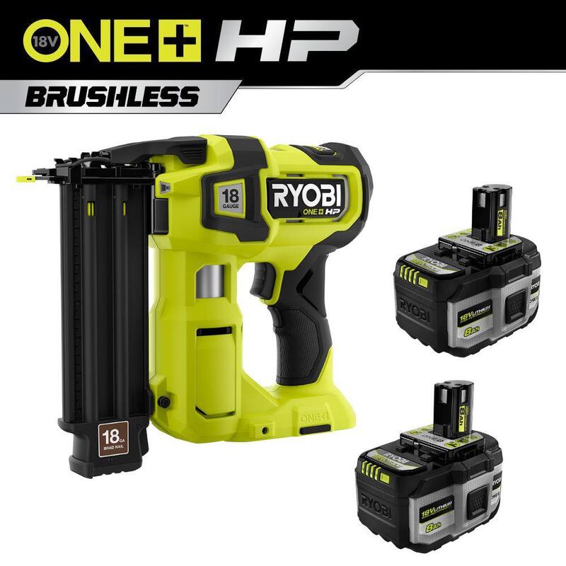 RYOBI ONE+ HP 18V Clavadora inalámbrica AirStrike de calibre 18 sin escobillas con batería ONE+ 18V de alto rendimiento de 8.0 Ah (paquete de 2) - P322-PBP2008