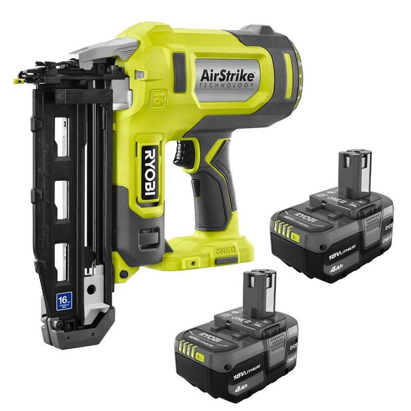 RYOBI ONE+ 18V AirStrike Clavadora inalámbrica de acabado de calibre 16 con batería de litio-ion 18V ONE+ 4.0 Ah (paquete de 2) - P326-PBP2005
