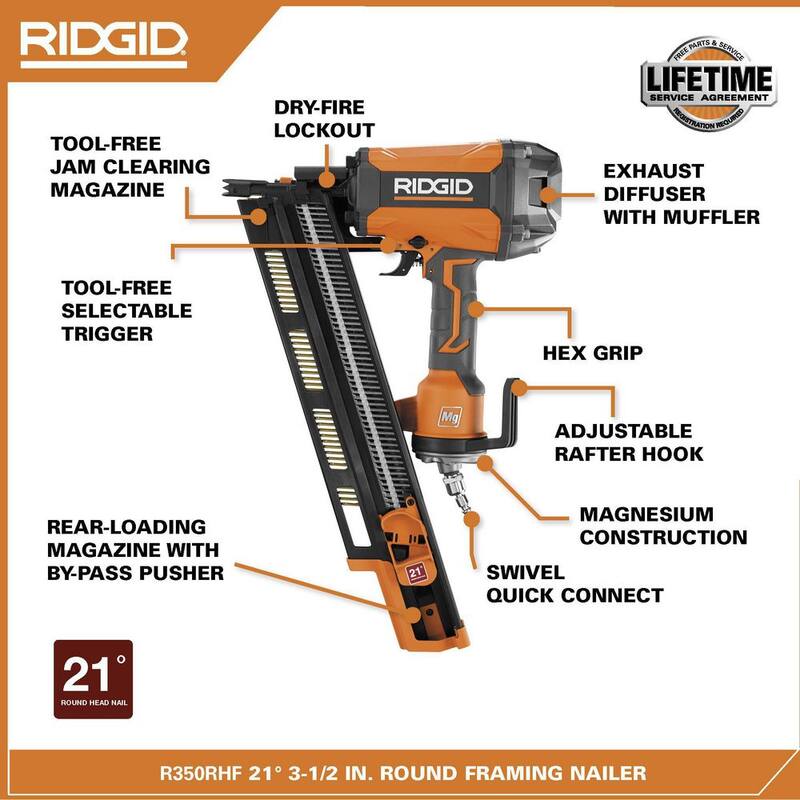 Clavadora neumática de cabezal redondo de 21 grados y 3-1/2 pulgadas RIDGID - R350RHF
