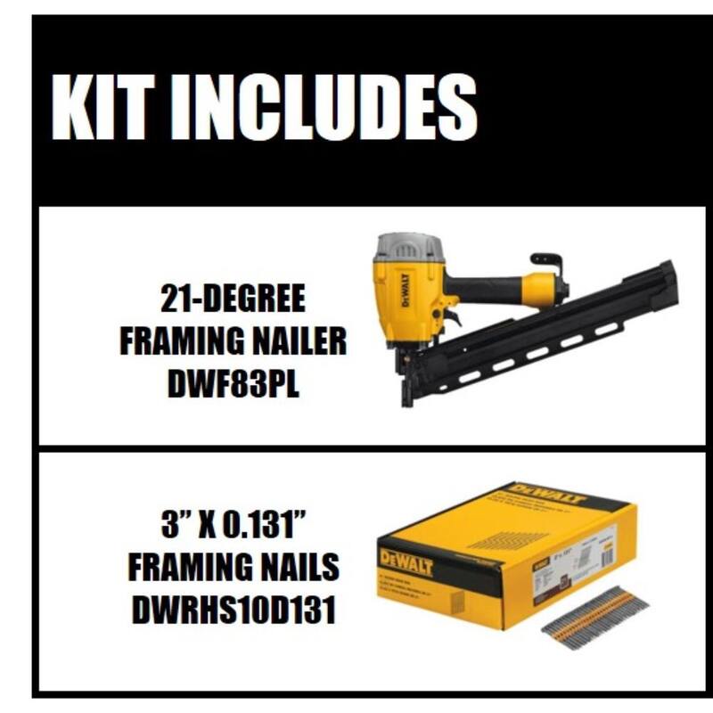 DEWALT Clavadora de armazón colada neumática de 21 grados y clavos de armazón metálicos de 3 pulgadas x 0.131 pulgadas (paquete de 2000) - DWF83PLW10D131