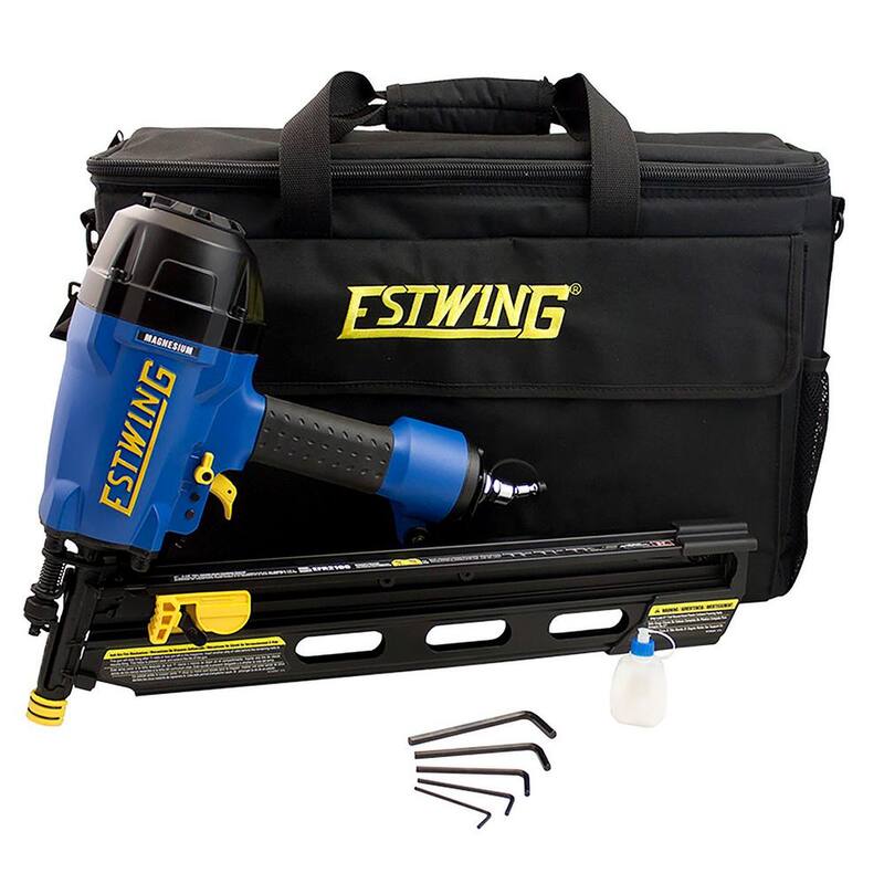Clavadora para armazón neumática de 21 grados 3-1/2 pulgadas Estwing con gancho de cinturón metálico ajustable, conexión giratoria de 1/4 de pulgada NPT y bolsa - EFR2190.