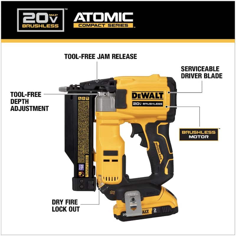 DEWALT ATOMIC 20V MAX Clavadora de chapa de 23 calibres inalámbrica de iones de litio con batería de 2.0Ah y cargador - DCN623D1