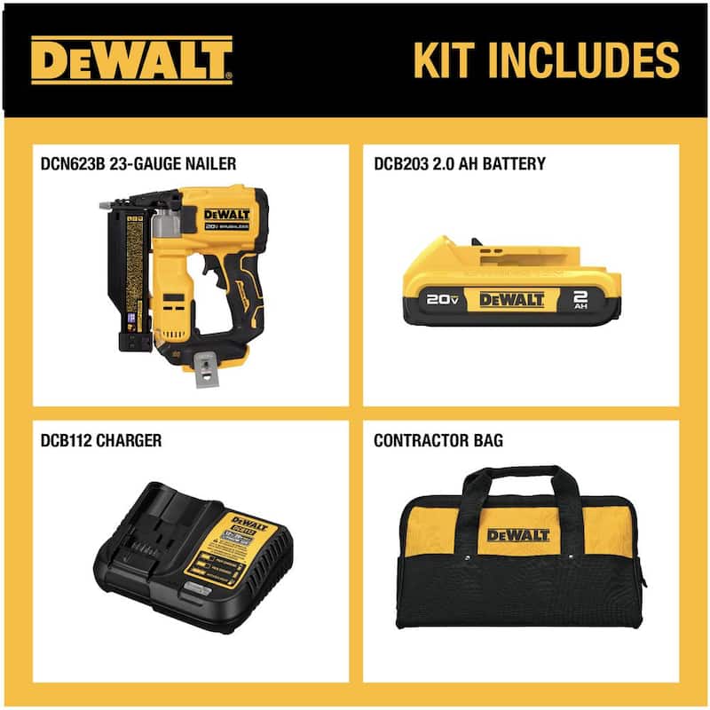 DEWALT ATOMIC 20V MAX Clavadora de chapa de 23 calibres inalámbrica de iones de litio con batería de 2.0Ah y cargador - DCN623D1