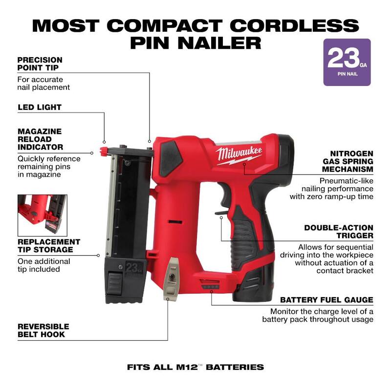 Milwaukee M12 12-Volt 23-Gauge Lithium-Ion Cordless Pin Nailer Kit con batería de 1.5 Ah, cargador y bolso de herramientas - 2540-21