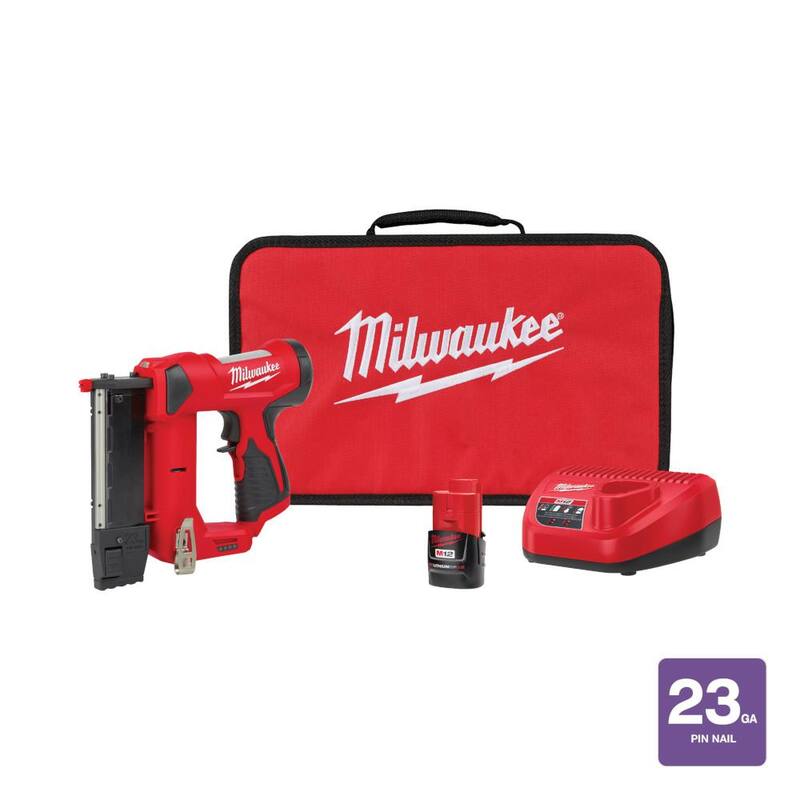 Milwaukee M12 12-Volt 23-Gauge Lithium-Ion Cordless Pin Nailer Kit con batería de 1.5 Ah, cargador y bolso de herramientas - 2540-21
