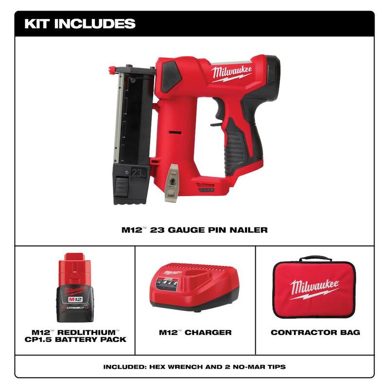 Milwaukee M12 12-Volt 23-Gauge Lithium-Ion Cordless Pin Nailer Kit con batería de 1.5 Ah, cargador y bolso de herramientas - 2540-21