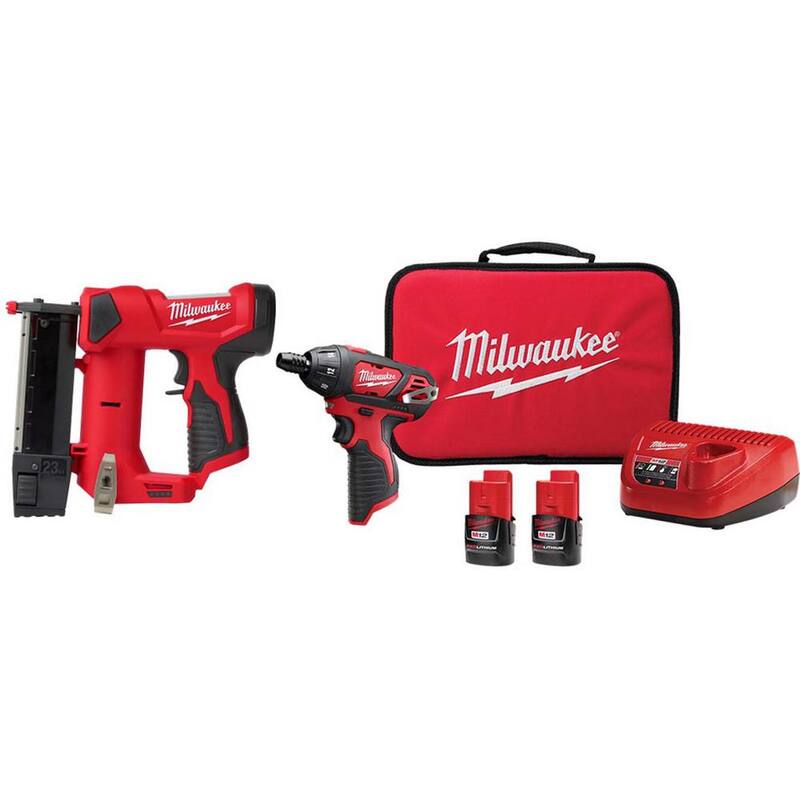 Clavadora inalámbrica Milwaukee M12 12V 23GA con kit de destornillador hexagonal M12 12V 1/4 pulgadas con 2 baterías de 1.5Ah, cargador y bolso de herramientas - 2540-20-2401-22