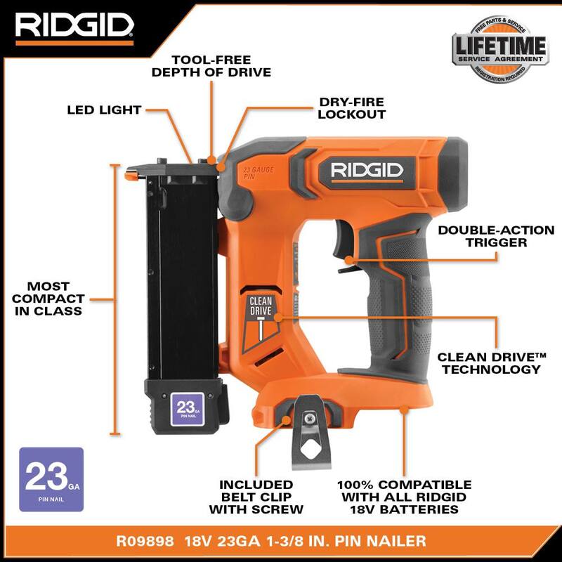 Clavadora sin cabeza RIDGID de 23 calibres inalámbrica de 18V con kit de batería de 2.0 Ah y cargador - R09898K