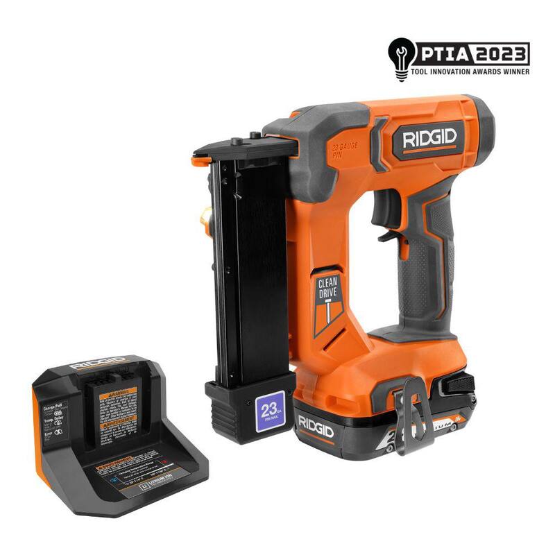 Clavadora sin cabeza RIDGID de 23 calibres inalámbrica de 18V con kit de batería de 2.0 Ah y cargador - R09898K
