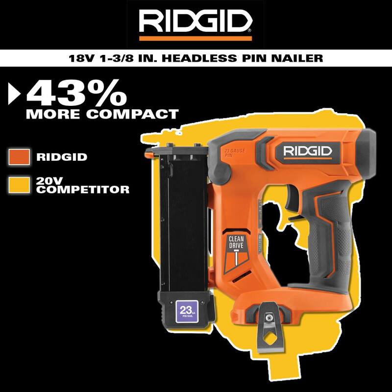 Clavadora inalámbrica RIDGID de 18V de calibre 23 de 1-3/8 pulgadas sin cabeza (Herramienta solamente) - R09898B