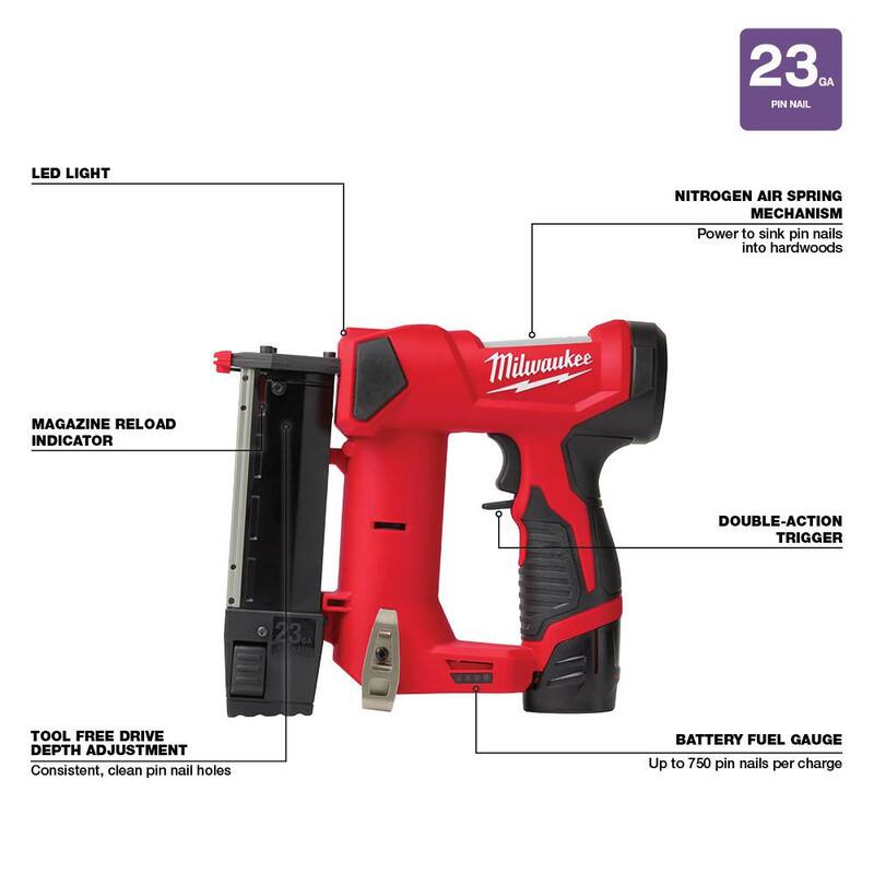 Kit de clavadora inalámbrica de clavos de pasador de 23-Gauge de 12 voltios Milwaukee M12 con clavadora de corona de 3/8 de pulgada inalámbrica de 12 voltios M12 - 2540-21-2447-20