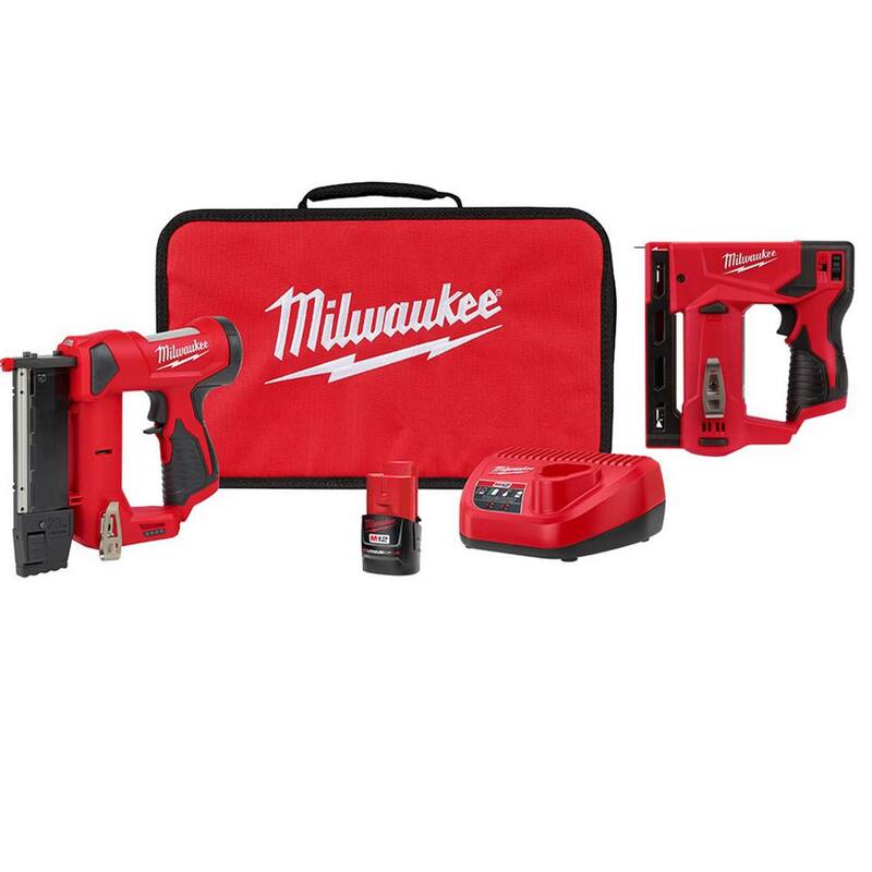 Kit de clavadora inalámbrica de clavos de pasador de 23-Gauge de 12 voltios Milwaukee M12 con clavadora de corona de 3/8 de pulgada inalámbrica de 12 voltios M12 - 2540-21-2447-20