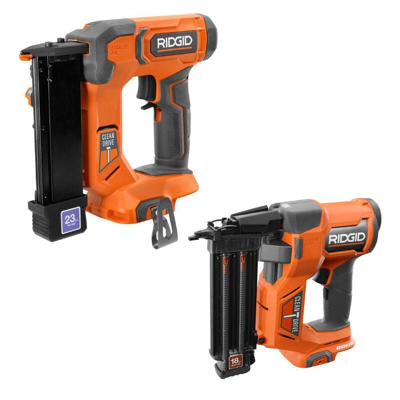RIDGID 18V Inalámbrico 23-Gauge 1-3/8 pulgadas Pin Nailer sin cabeza con 18V Inalámbrico sin escobillas 18-Gauge 2-1/8 pulgadas Brad Nailer (Solo Herramientas) - R09898B-R09891B