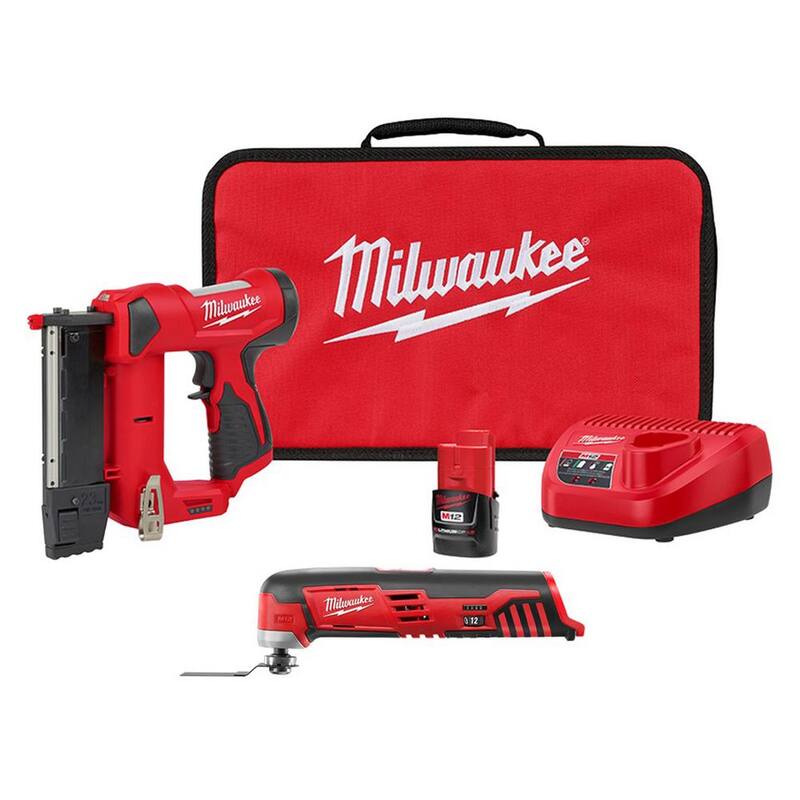 Kit de clavadora inalámbrica de clavos de 23 calibres con batería de iones de litio de 12 voltios Milwaukee M12, junto con herramienta multiusos oscilante inalámbrica con batería de iones de litio de 12 voltios M12 - 2540-21-2426-20.