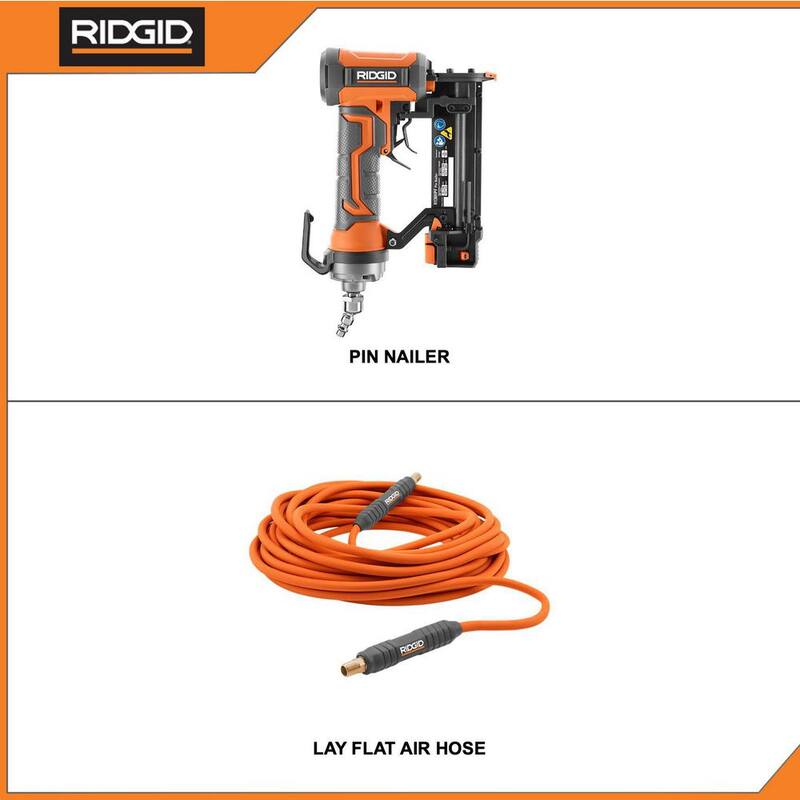 Clavadora neumática de calibre 23 de 1-3/8 pulg. sin cabeza de RIDGID con bloqueo de disparo en seco y manguera de aire plana de 1/4 pulg. x 50 pies - R138HPF-R5025LF