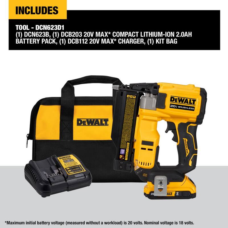 Kit de clavadora inalámbrica DEWALT ATOMIC 20V MAX de iones de litio de calibre 23 y clavos de 1 1/2 pulgadas de calibre 23, 2000 piezas - DCN623D1W23150