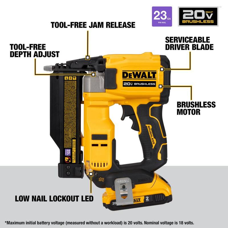 Kit de clavadora inalámbrica DEWALT ATOMIC 20V MAX de iones de litio de calibre 23 y clavos de 1 1/2 pulgadas de calibre 23, 2000 piezas - DCN623D1W23150