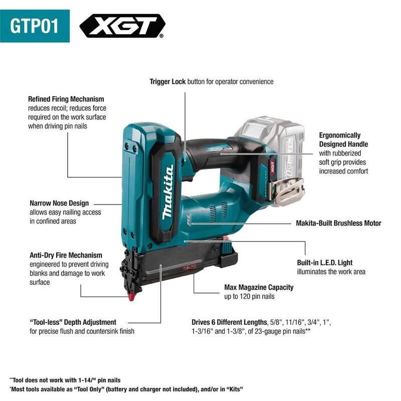 Kit de clavadora inalámbrica Brushless de 23 Ga. Makita 40V max XGT, 2.5Ah - GTP01D1