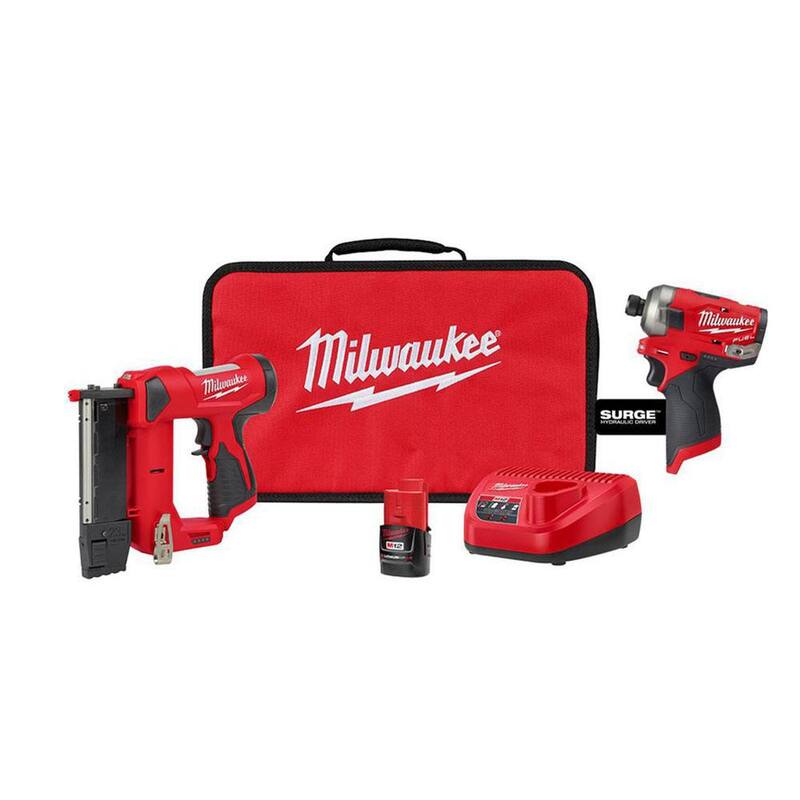 Kit de clavadora inalámbrica Milwaukee M12 de 12 voltios y 23 calibres de iones de litio con clavador de clavos sin escobillas M12 FUEL SURGE inalámbrico de 1/4 pulgada con impacto hexagonal - 2540-21-2551-20