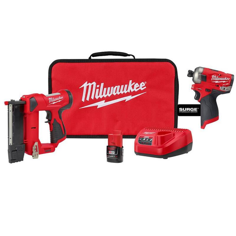 Kit de clavadora inalámbrica Milwaukee M12 de 12 voltios y 23 calibres de iones de litio con clavador de clavos sin escobillas M12 FUEL SURGE inalámbrico de 1/4 pulgada con impacto hexagonal - 2540-21-2551-20