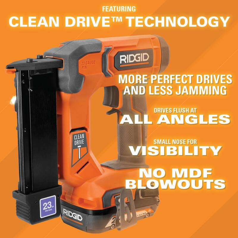 Clavadora de clavos sin cabeza RIDGID 18V de 23 galgas y 1-3/8 pulgadas inalámbrica con batería de iones de litio de 18V 4.0 Ah (paquete de 2) - R09898B-AC87004P