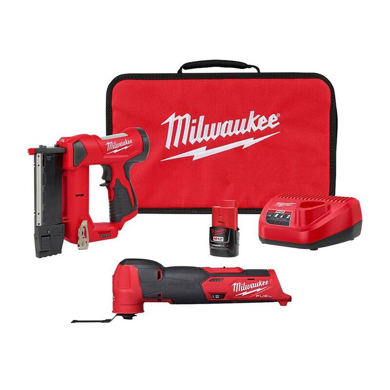 Juego de clavadora inalámbrica de clavos de 23 ga de 12 voltios Milwaukee M12 con batería de iones de litio, junto con la herramienta multifuncional oscilante inalámbrica M12 FUEL de iones de litio - 2540-21-2526-20