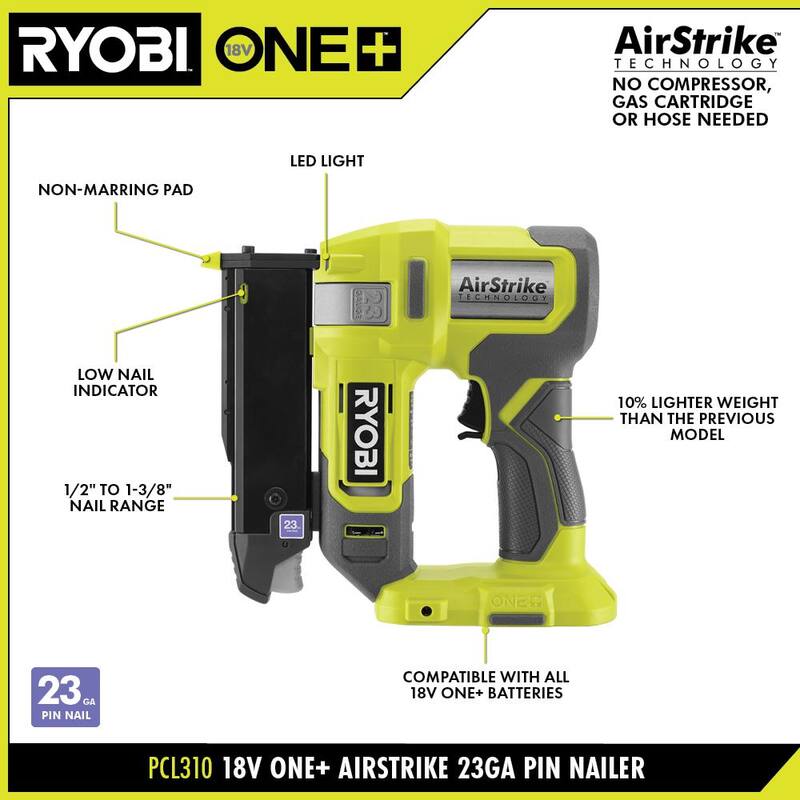 RYOBI ONE+ 18V Clavadora de clavillo calibre 23 inalámbrica Airstrike con batería de iones de litio de 2.0 Ah - PCL310B-PBP006