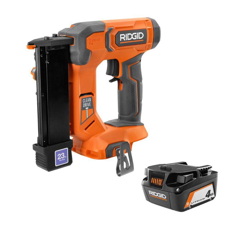 Clavadora de clavos sin cabeza RIDGID inalámbrica de 23 g de 18 V con pila de 4.0 Ah de 18 V - R09898B-AC87004