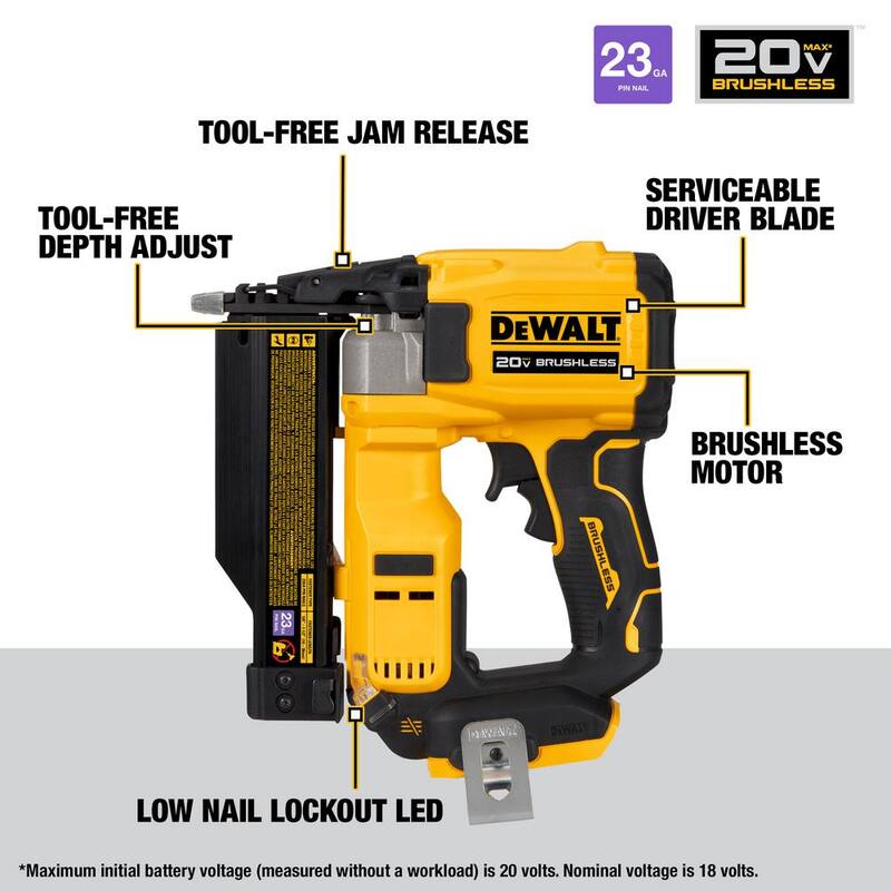 DEWALT ATOMIC 20V MAX Clavadora de clavijas de calibre 23 inalámbrica de iones de litio con batería POWERSTACK de 1.7 Ah y cargador - DCN623BW034C