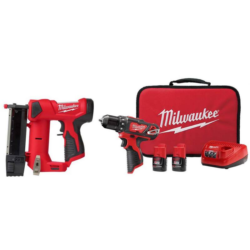 Milwaukee M12 12V Clavadora de 23GA con juego de taladro/destornillador M12 12V de 3/8 pulgadas con dos baterías de 1.5 Ah, cargador y bolsa de herramientas - 2540-20–2407-22